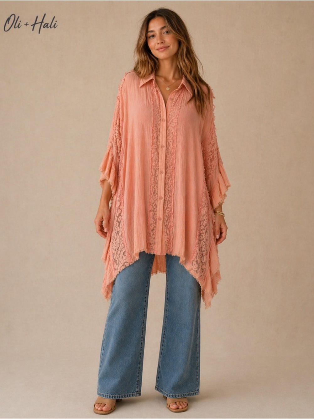 Oli + Hali Pink Lace Kimono Top L/XL Oversized Boho Pockets